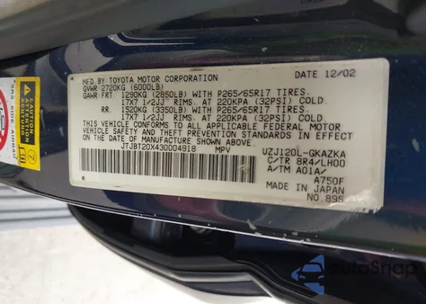 2003 Lexus Gx 470 из США, поврежденный, VIN JTJBT20X430004918